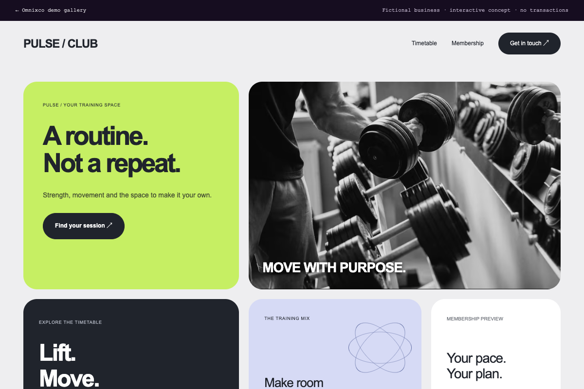 Preview of PULSE / CLUB, a fictional fitness website